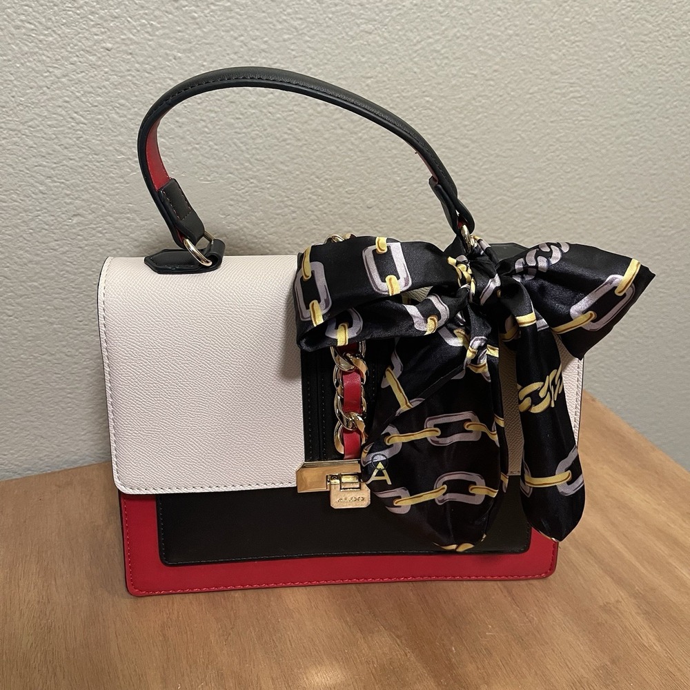 Aldo Top Handle Crossbody Purse Navy Red White Gold Tone Hardware Deco Bow EUC